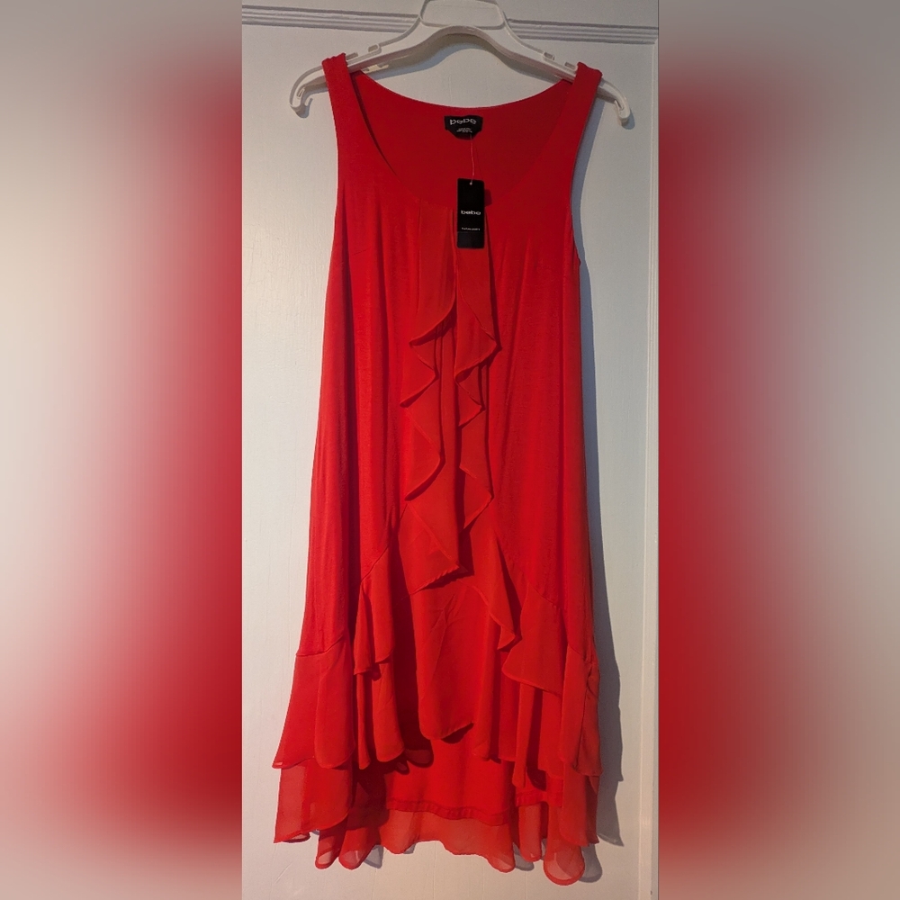 NWT, Bebe Coral Stretch Sleeveless Ruffle 2 Layer Lined Dress Size XS, Fits S/M